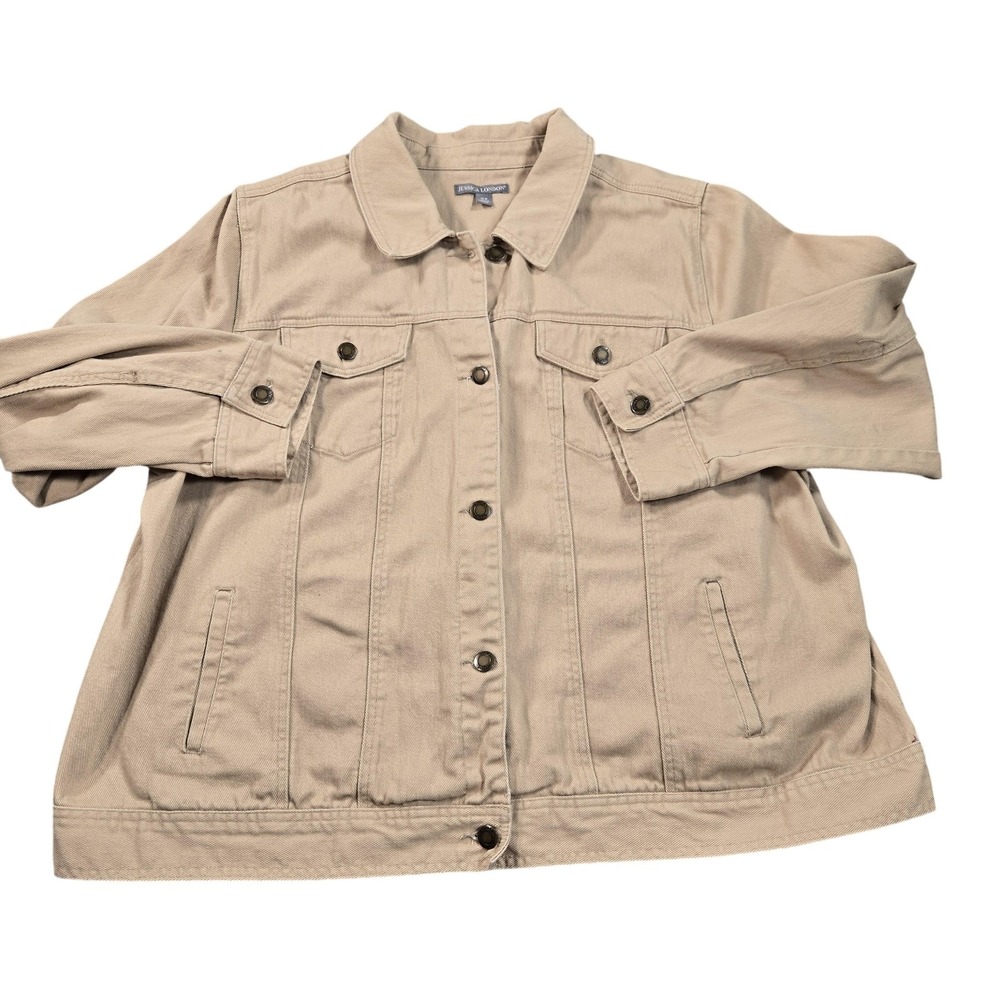 Jessica London Jacket Womens 26W Beige Cotton Twill Trucker Button Front Pockets